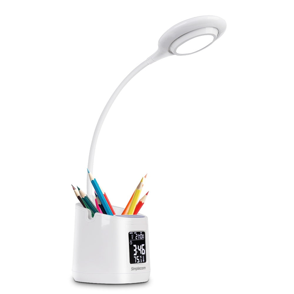 Simplecom El621 Led Desk Lamp With Pen Holder And Digital Clock Rechargeable