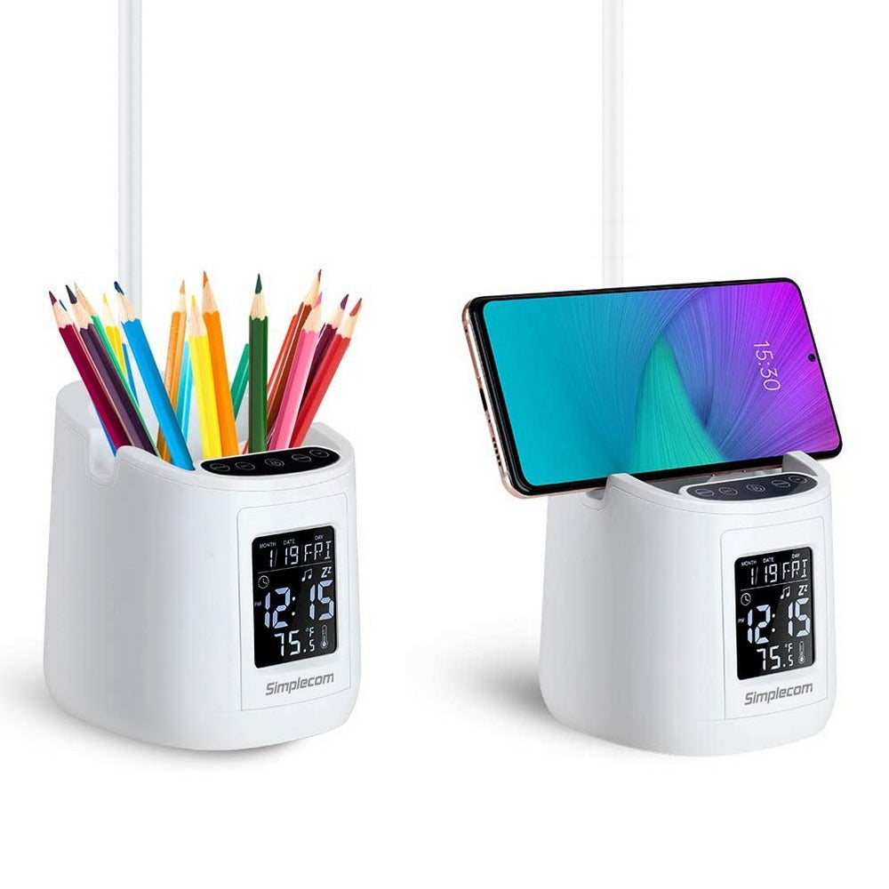 Simplecom El621 Led Desk Lamp With Pen Holder And Digital Clock Rechargeable