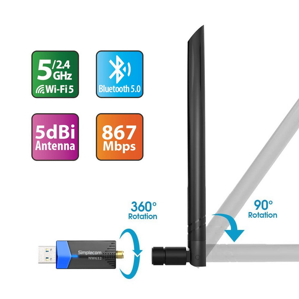 Simplecom Nw632 Wi-Fi 5 Bluetooth 5.0 Usb Adapter Dual Band Ac1200