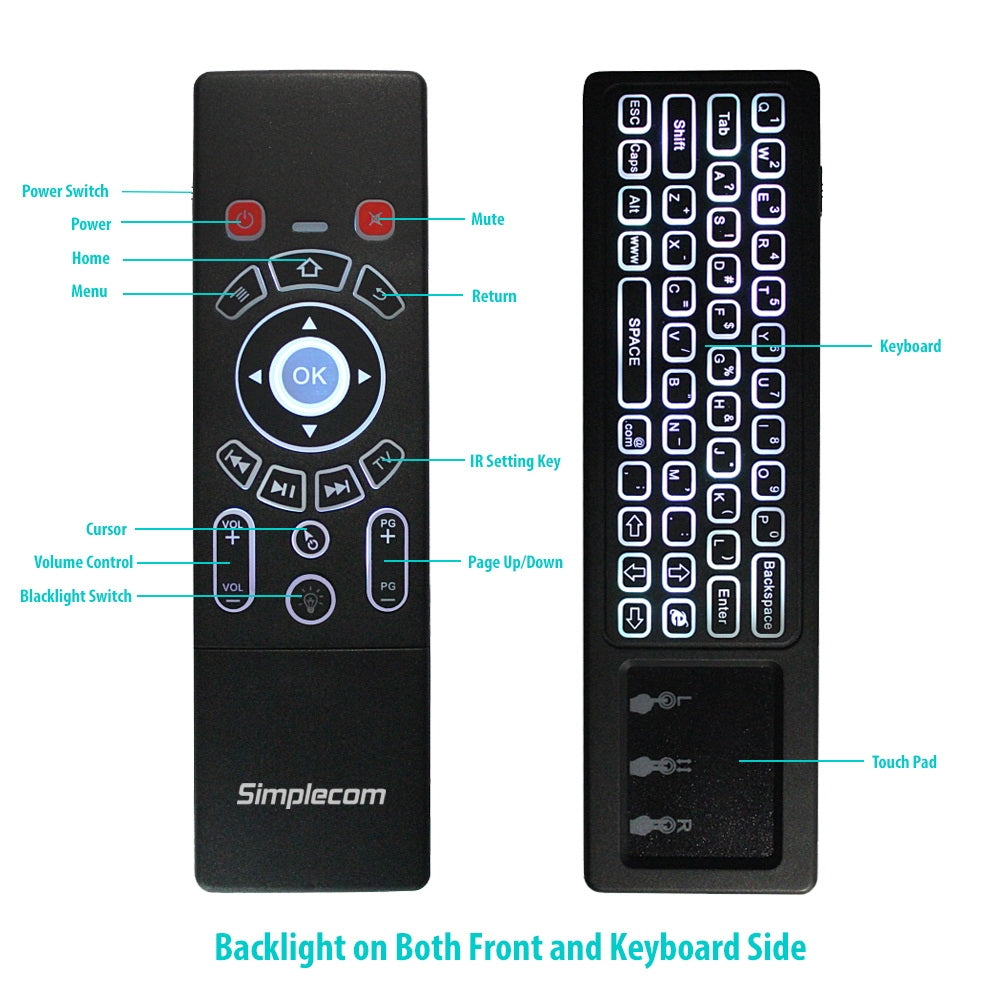 Simplecom Rt250 Rechargeable 2.4Ghz Wireless Remote Air Mouse Keyboard With Touch Pad And Backlight