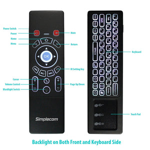 Simplecom Rt250 Rechargeable 2.4Ghz Wireless Remote Air Mouse Keyboard With Touch Pad And Backlight