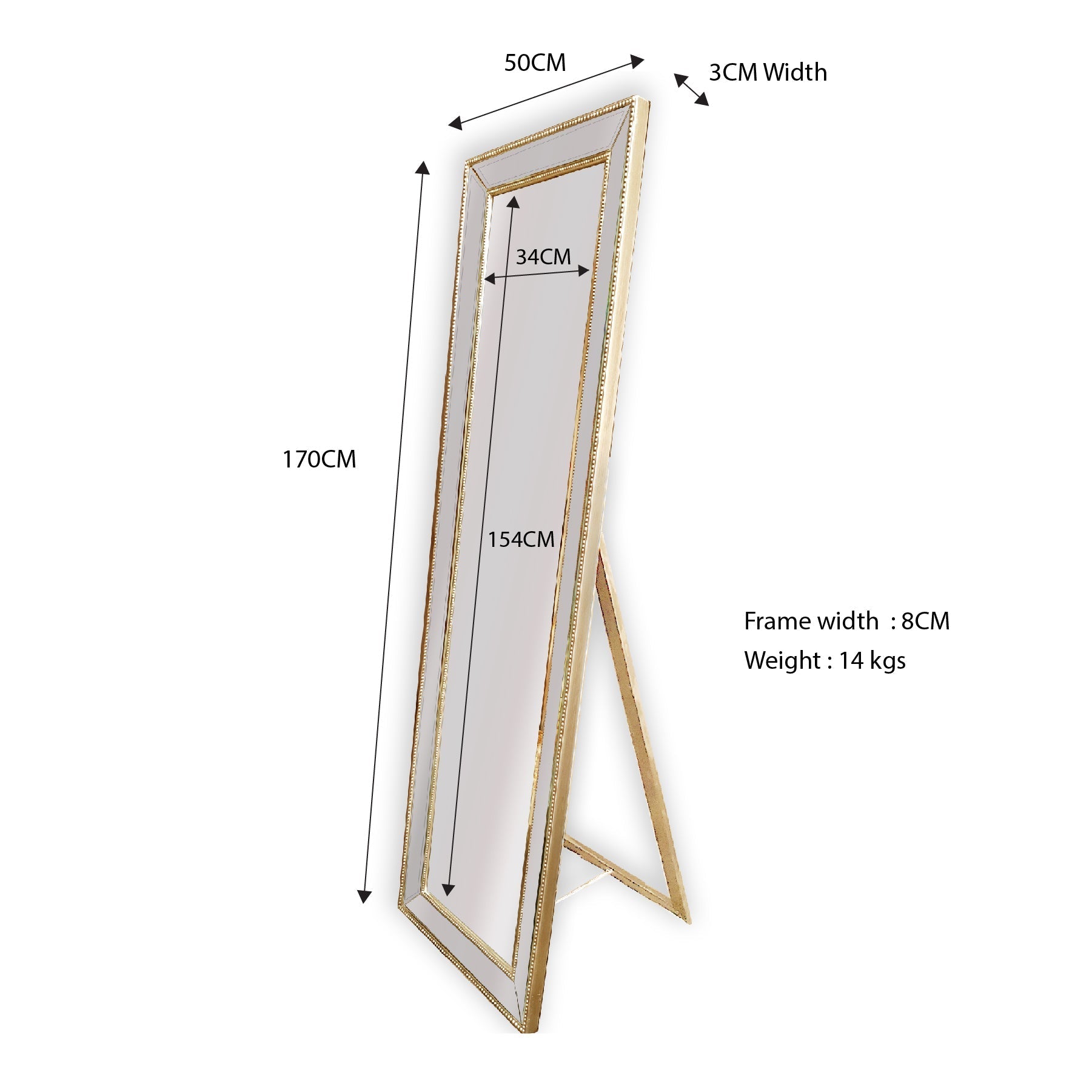 Gold Beaded Framed Mirror - Free Standing 50Cm X 170Cm