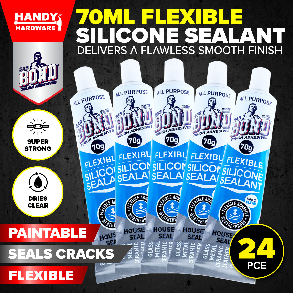 Handy Hardware 24Pce Silicone Sealant Gap Filler Paintable High Strength 70Ml