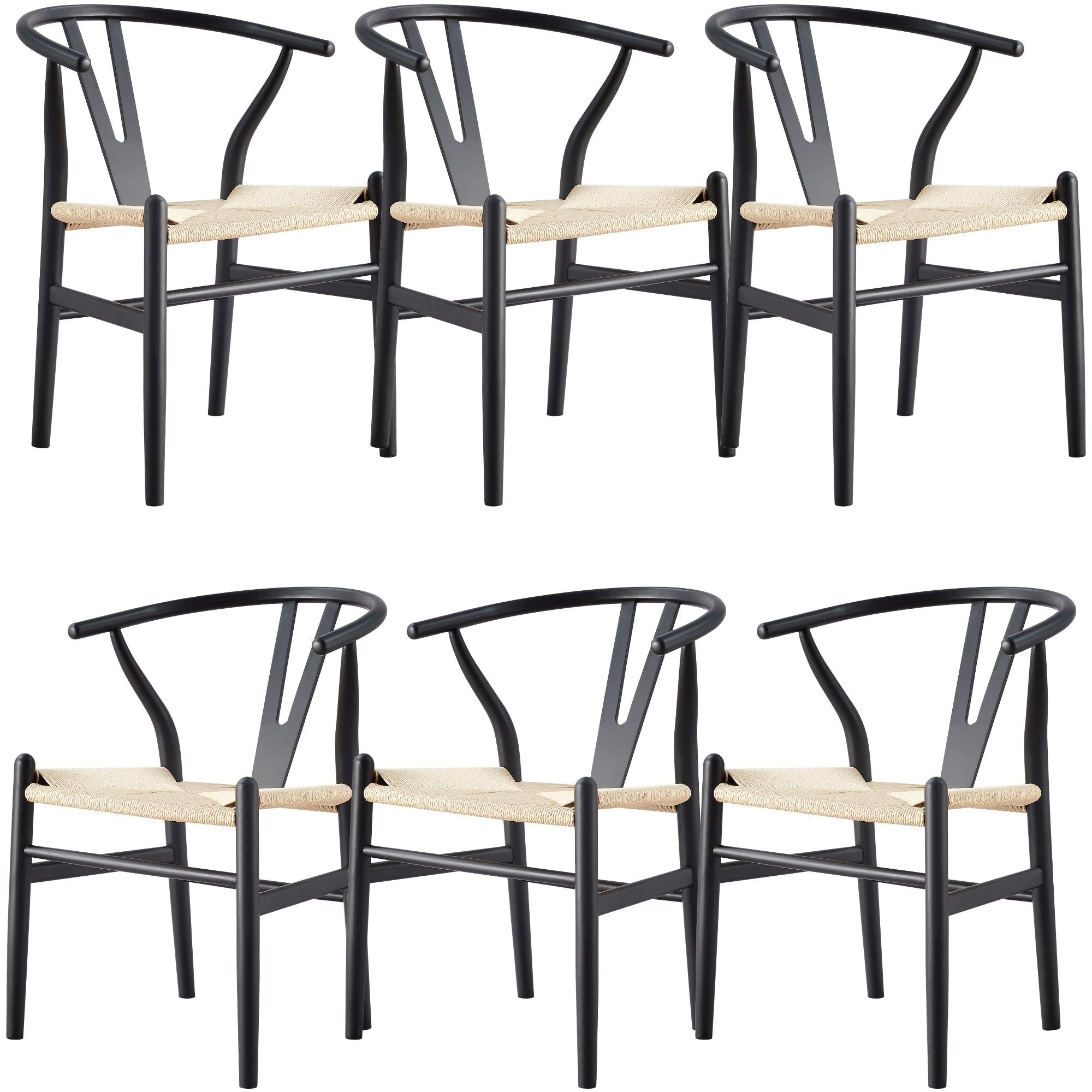 Anemone Set Of 6 Wishbone Dining Chair Beech Timber Replica Hans Wenger - Black