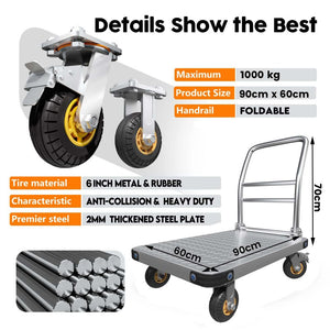 1000Kg Capacity Heavy Duty Foldable Platform Truck Flatbed Push Cart Steel Dolly Trolley Brake