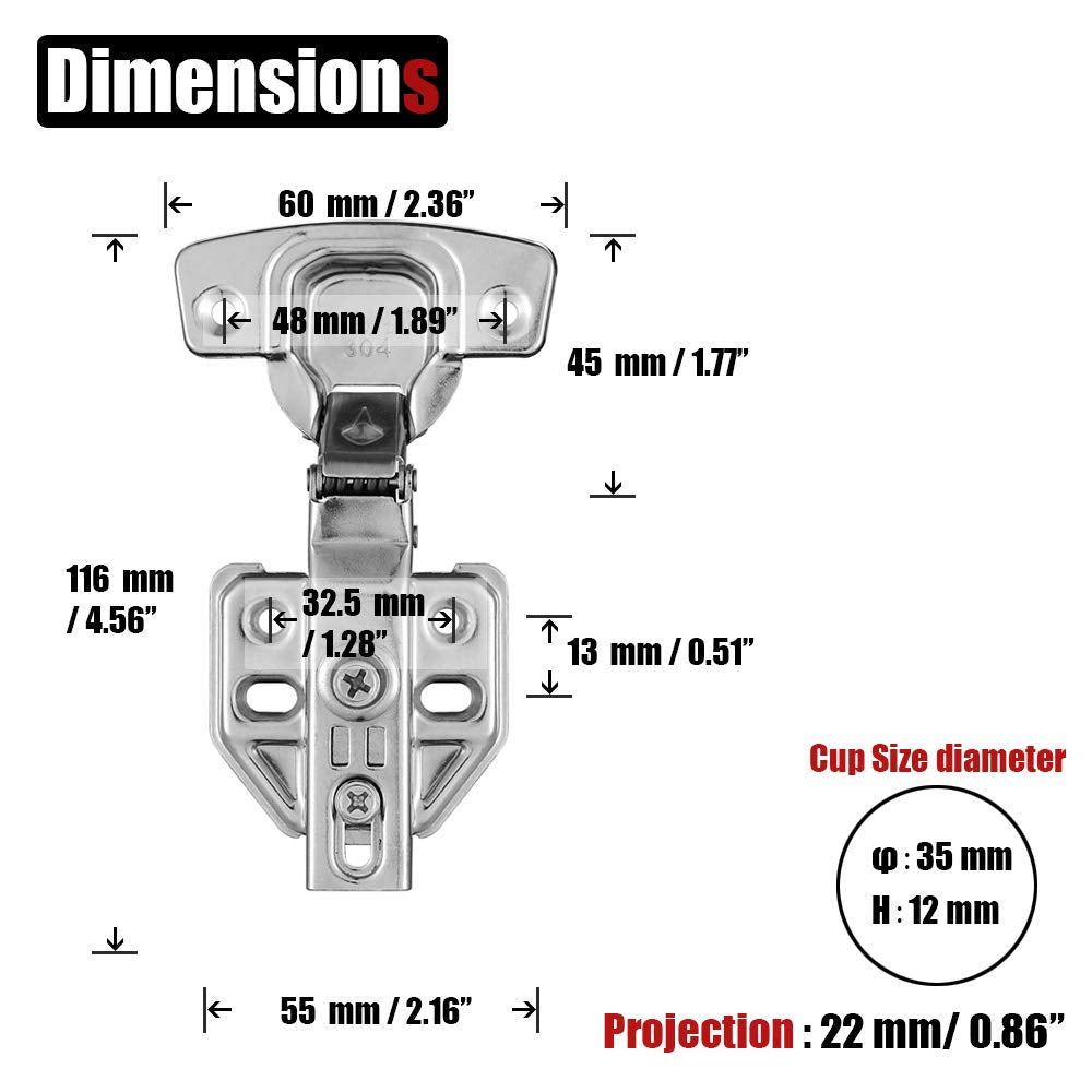 8 Pack 304 Stainless Steel Cabinet Hinges 100 Degree Soft Closing Full Overlay Door Nickel Plated Finish