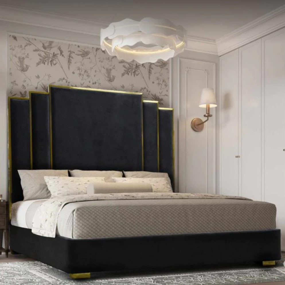 Alpha King Black Velvet Gas Lift Storage Bedframe Golden Frame