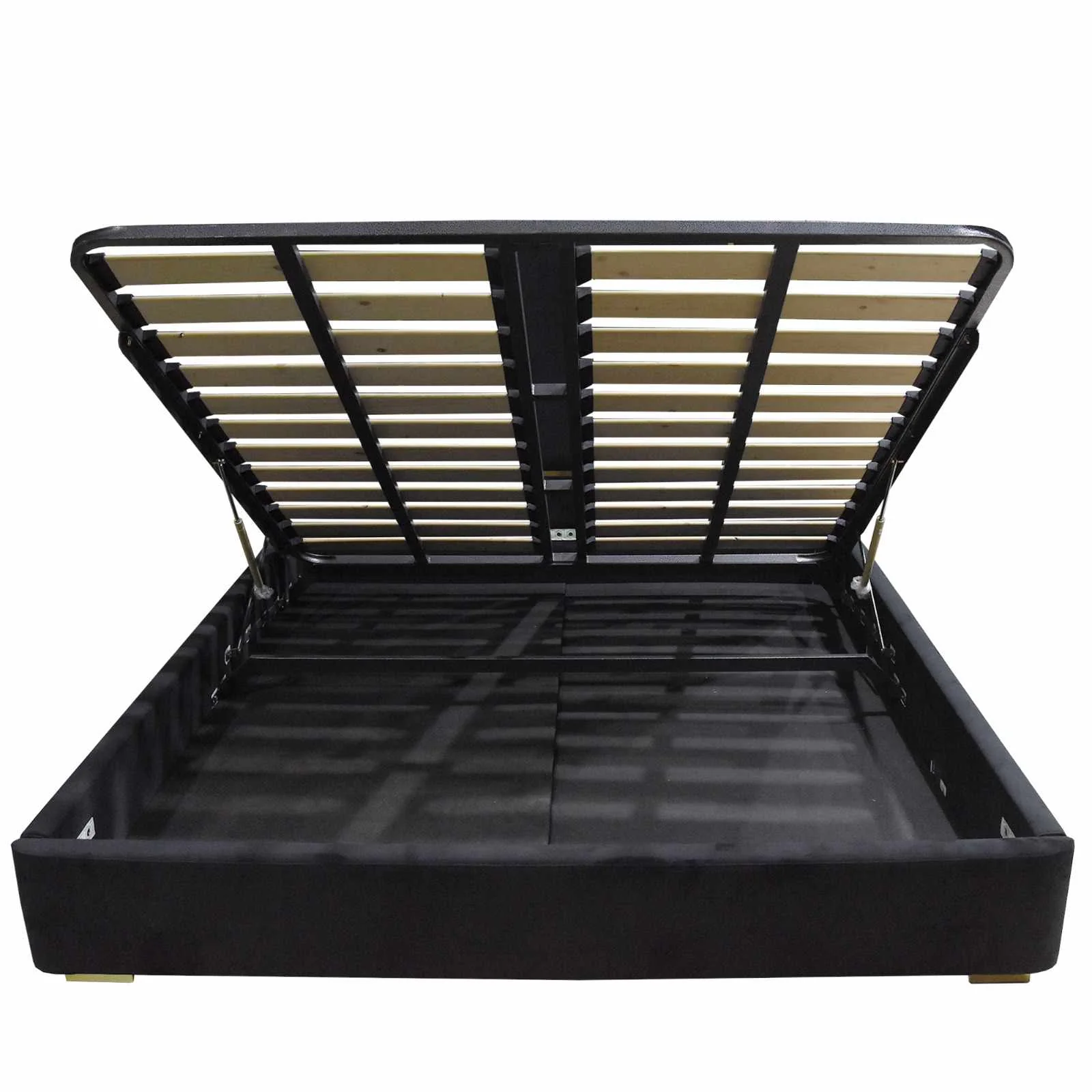 Alpha Queen Black Velvet Gas Lift Storage Bedframe Golden Frame