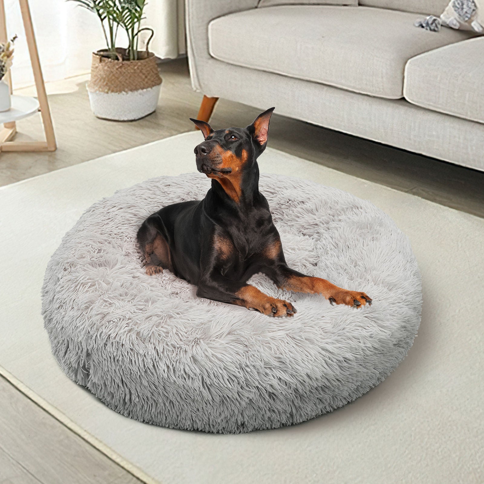 Pet Dog Bed Bedding Warm Plush Round Comfort Nest Light Grey Kennel Xl 100Cm