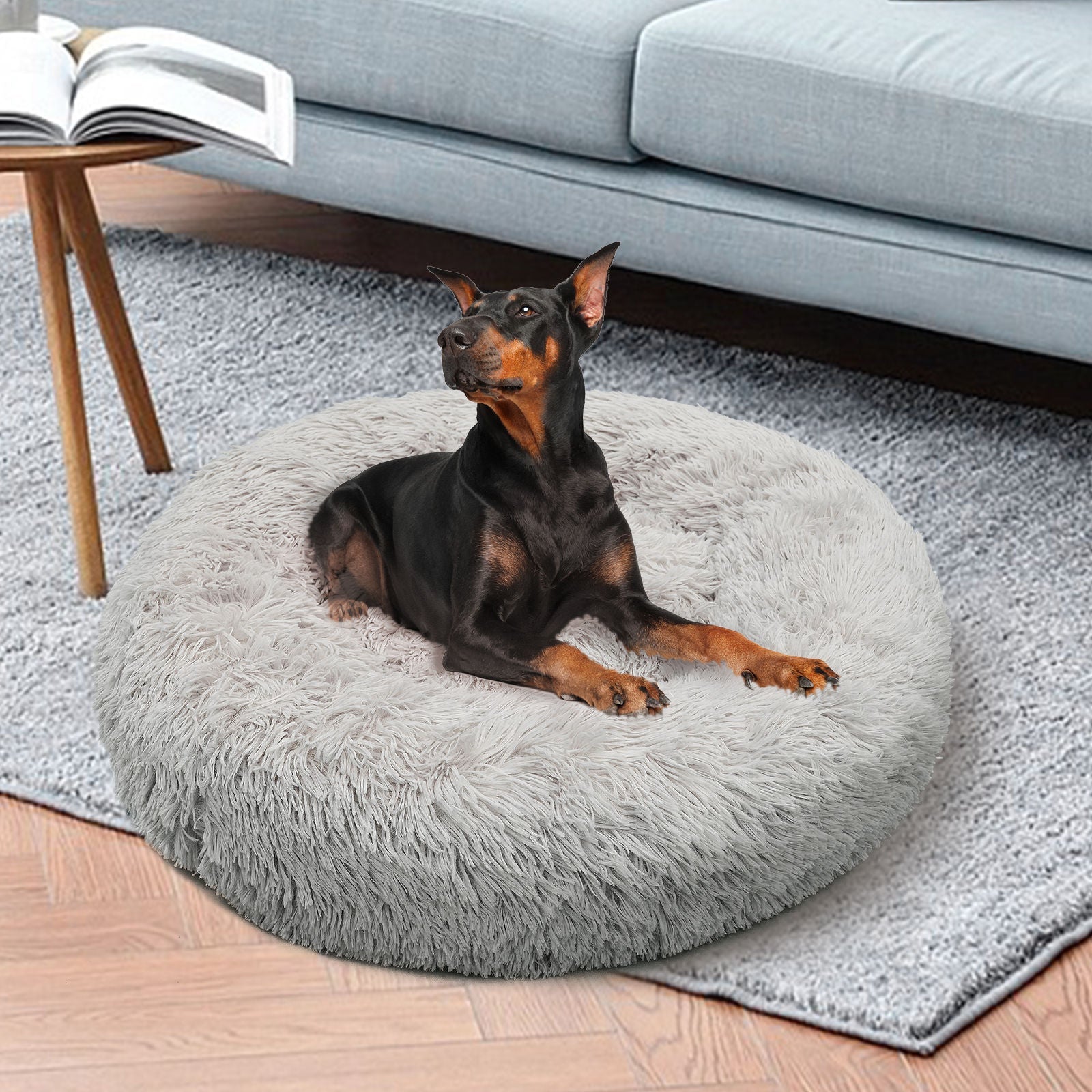 Pet Dog Bed Bedding Warm Plush Round Comfort Nest Light Grey Kennel Xl 100Cm