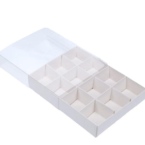 100 Pack Of White Card Chocolate Sweet Soap Product Reatail Gift Box - 12 Bay 4X4x3cm Compartments Clear Slide On Lid 16