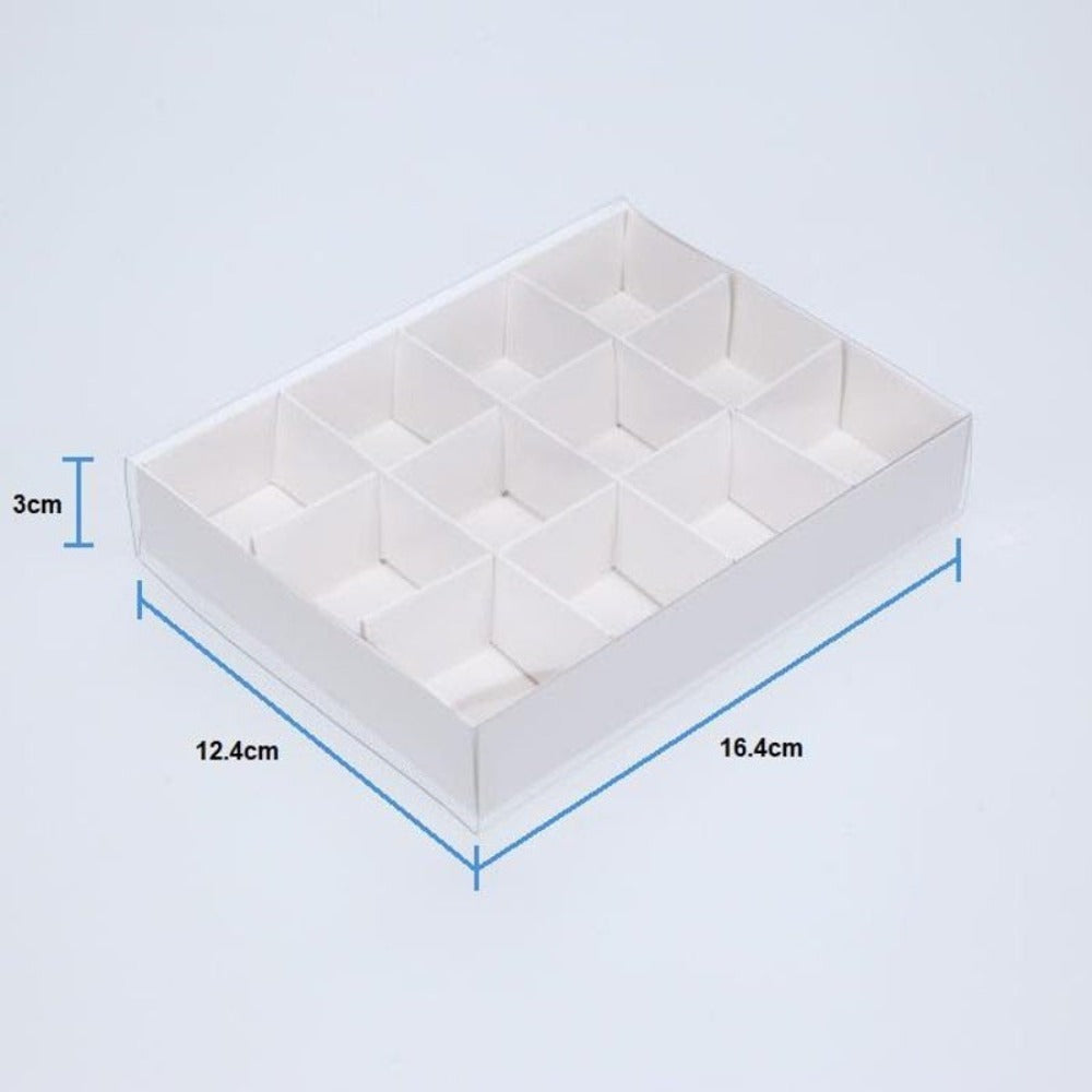 100 Pack Of White Card Chocolate Sweet Soap Product Reatail Gift Box - 12 Bay 4X4x3cm Compartments Clear Slide On Lid 16