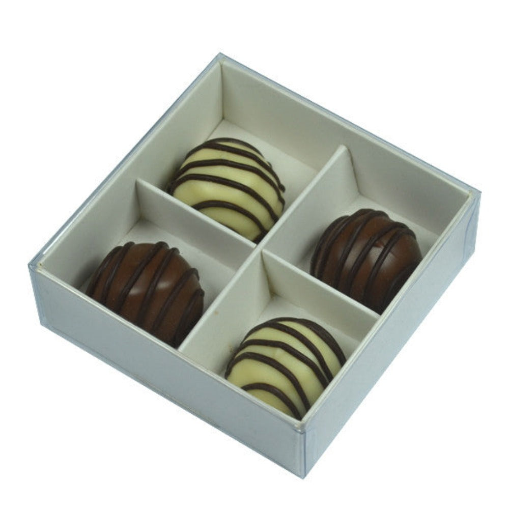 100 Pack Of White Card Chocolate Sweet Soap Product Reatail Gift Box - 4 Bay Compartments Clear Slide On Lid 8X8x3cm