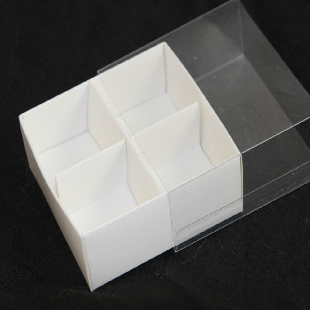 100 Pack Of White Card Chocolate Sweet Soap Product Reatail Gift Box - 4 Bay Compartments Clear Slide On Lid 8X8x3cm