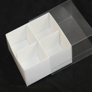 100 Pack Of White Card Chocolate Sweet Soap Product Reatail Gift Box - 4 Bay Compartments Clear Slide On Lid 8X8x3cm