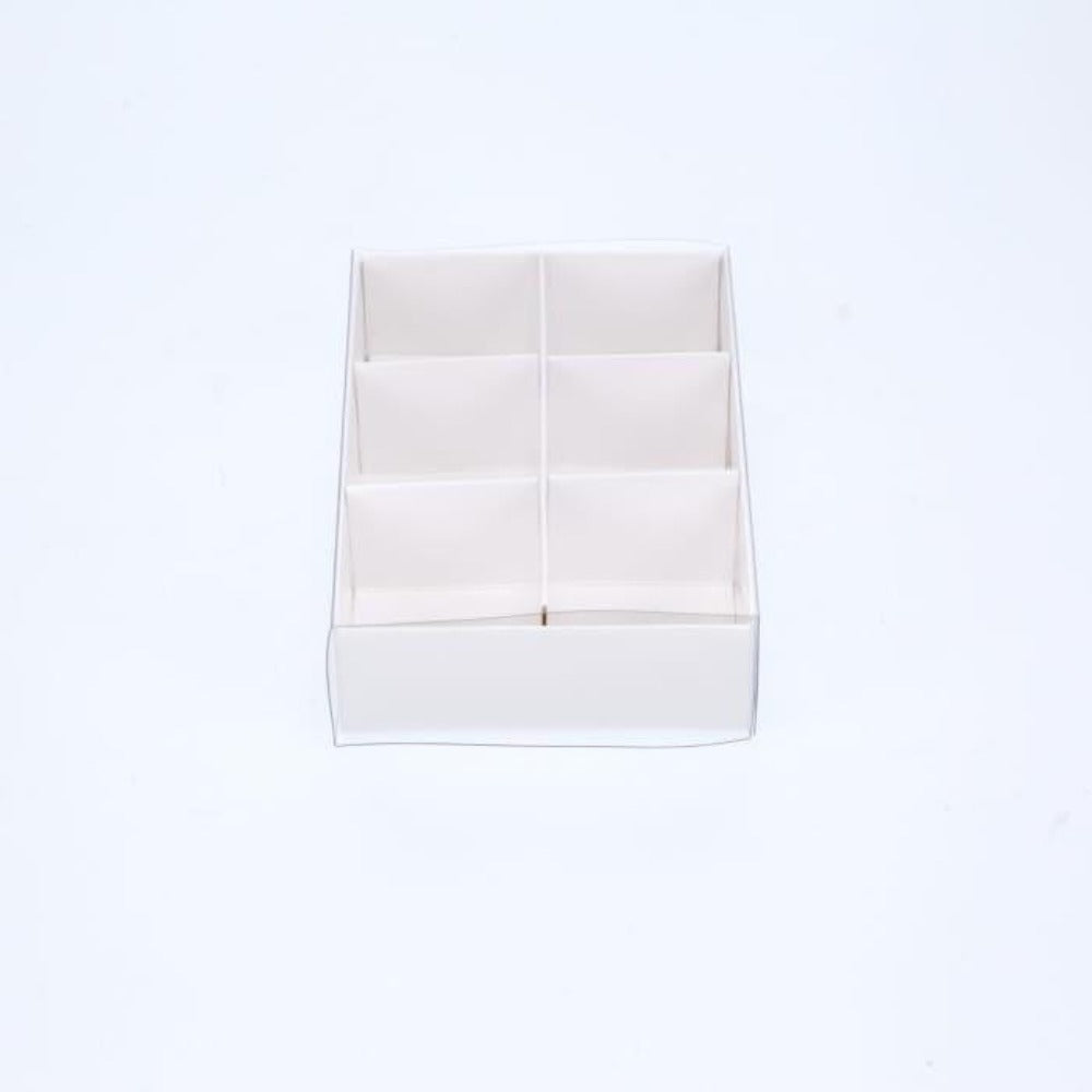 100 Pack Of White Card Chocolate Sweet Soap Product Reatail Gift Box - 6 Bay Compartments Clear Slide On Lid 12X8x3cm