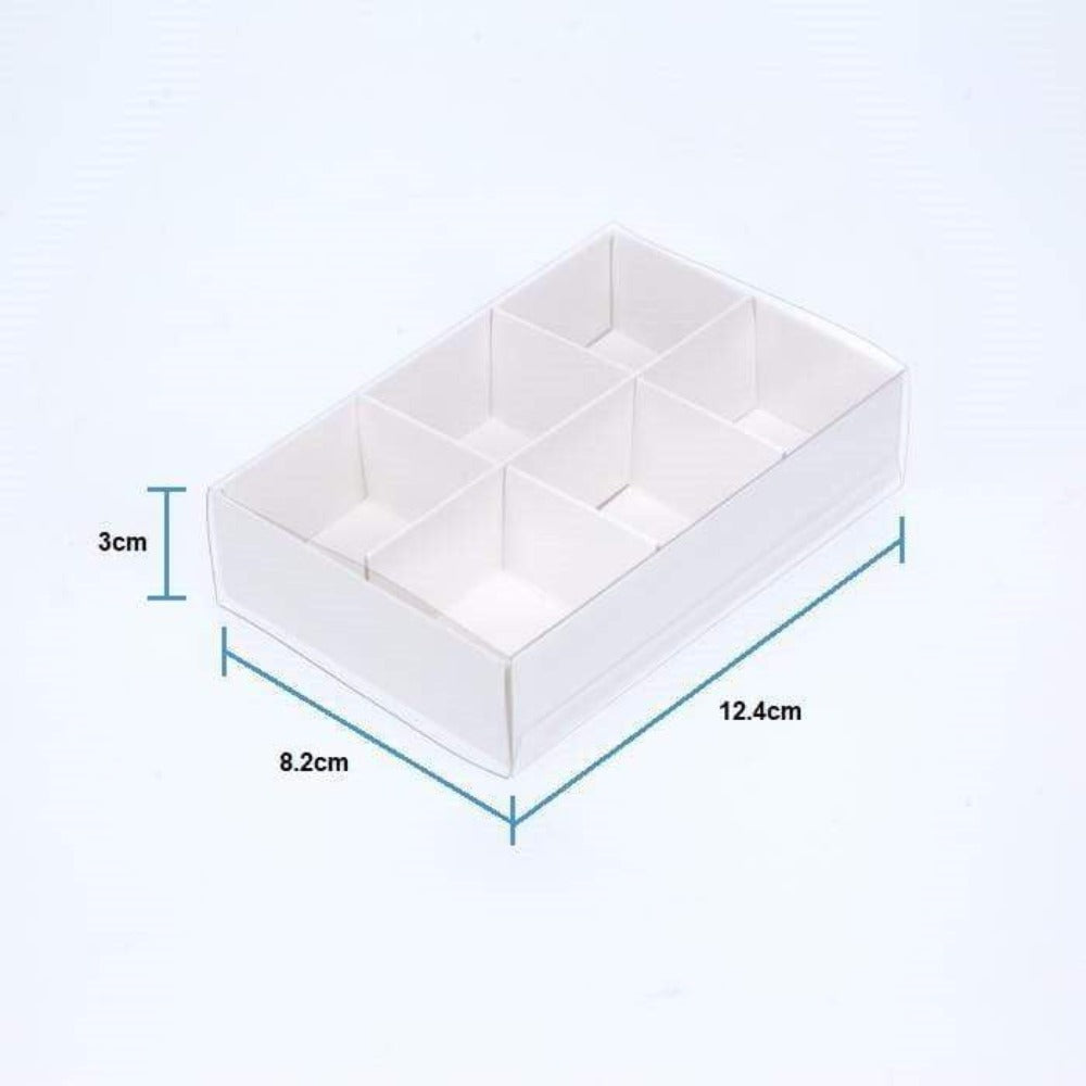 100 Pack Of White Card Chocolate Sweet Soap Product Reatail Gift Box - 6 Bay Compartments Clear Slide On Lid 12X8x3cm