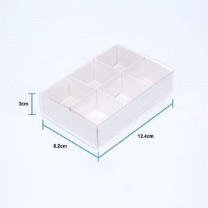 100 Pack Of White Card Chocolate Sweet Soap Product Reatail Gift Box - 6 Bay Compartments Clear Slide On Lid 12X8x3cm