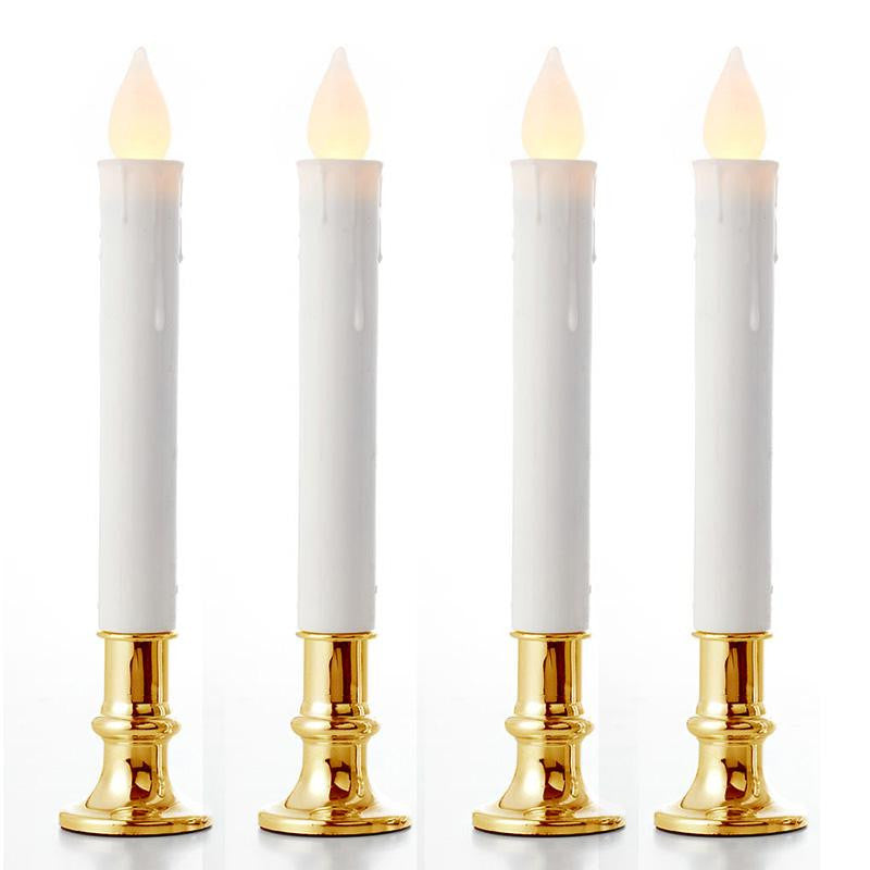 20 Pack Taper Stick White Battery Candle - Natural Flame Light Colour No Flicker Gold Stand Base