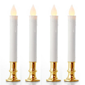 20 Pack Taper Stick White Battery Candle - Natural Flame Light Colour No Flicker Gold Stand Base