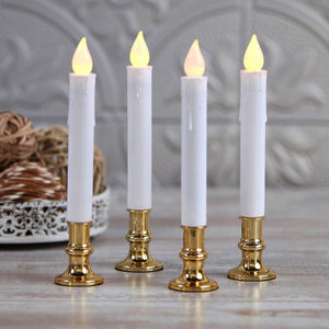 20 Pack Taper Stick White Battery Candle - Natural Flame Light Colour No Flicker Gold Stand Base