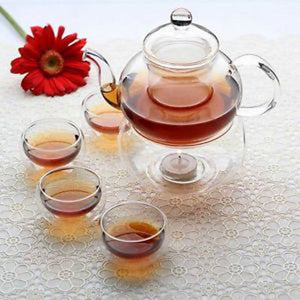 5 Sets Of Gongfu Chinese Ceremony Tea - 6 Glass Cups With Infuser And Tealight Candle Pot Warmer