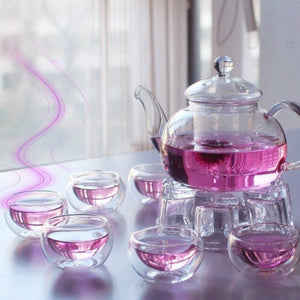 5 Sets Of Gongfu Chinese Ceremony Tea - 6 Glass Cups With Infuser And Tealight Candle Pot Warmer