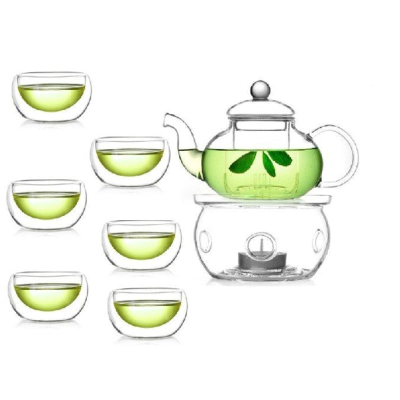 5 Sets Of Gongfu Chinese Ceremony Tea - 6 Glass Cups With Infuser And Tealight Candle Pot Warmer