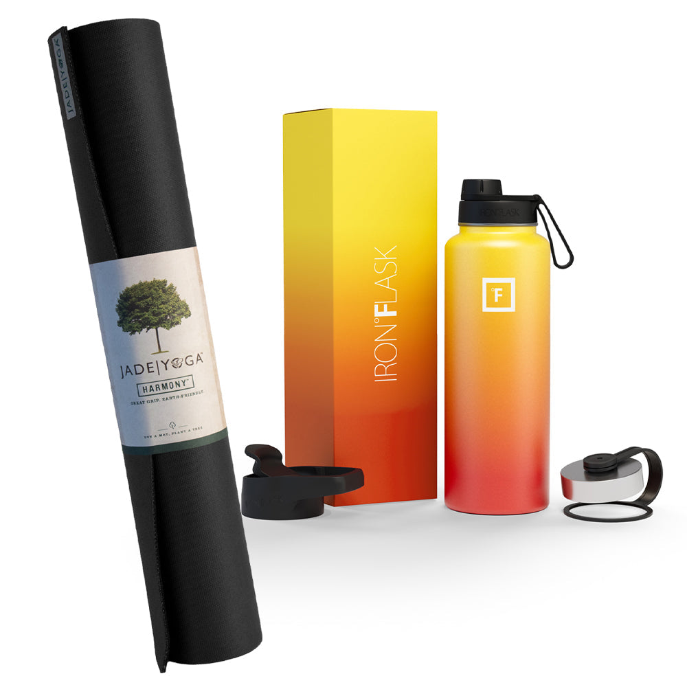 Jade Yoga Harmony Mat- Black & Iron Flask Wide Mouth Bottle With Spout Lid Fire 32Oz/950Ml Bundle