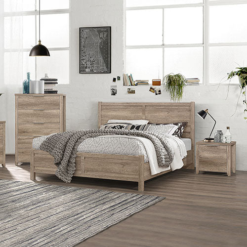 4 Pieces Bedroom Suite Natural Wood Like Mdf Structure Double Size Oak Colour Bed, Bedside Table & Tallboy