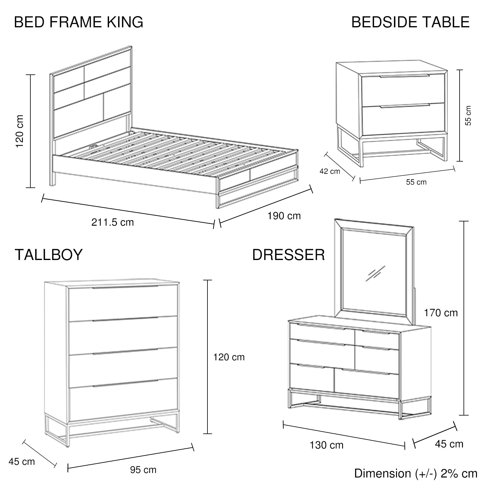 5 Pieces Bedroom Suite Made In Solid Wood Acacia Veneered King Size Oak Colour Bedside Table Tallboy & Dresser