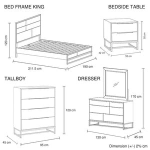 5 Pieces Bedroom Suite Made In Solid Wood Acacia Veneered King Size Oak Colour Bedside Table Tallboy & Dresser