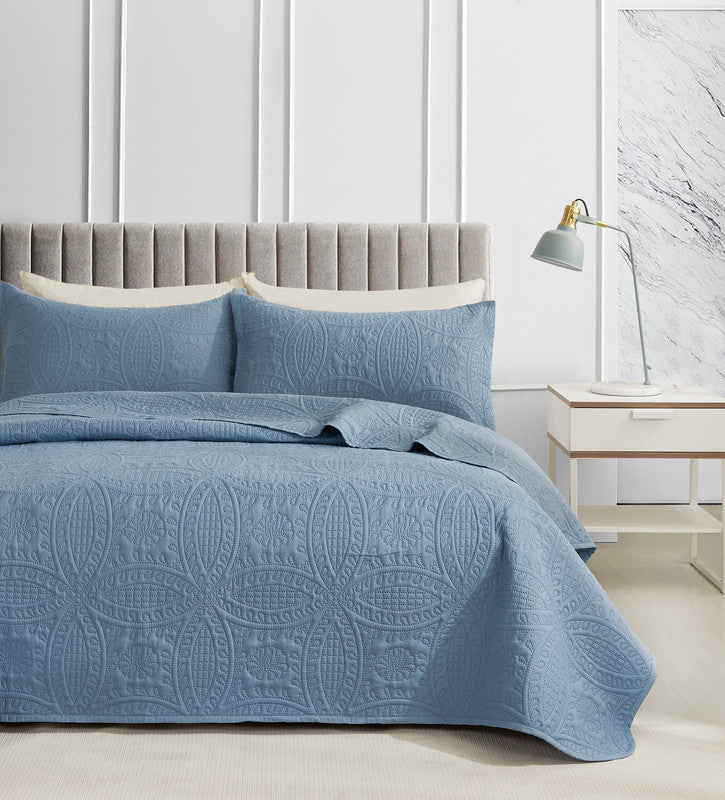 Lisbon Quilted 3 Pieces Embossed Coverlet Set-Queen/Double Blue