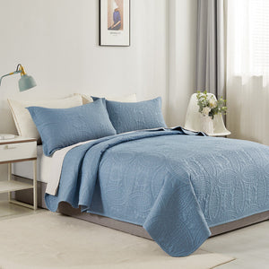 Lisbon Quilted 3 Pieces Embossed Coverlet Set-Queen/Double Blue