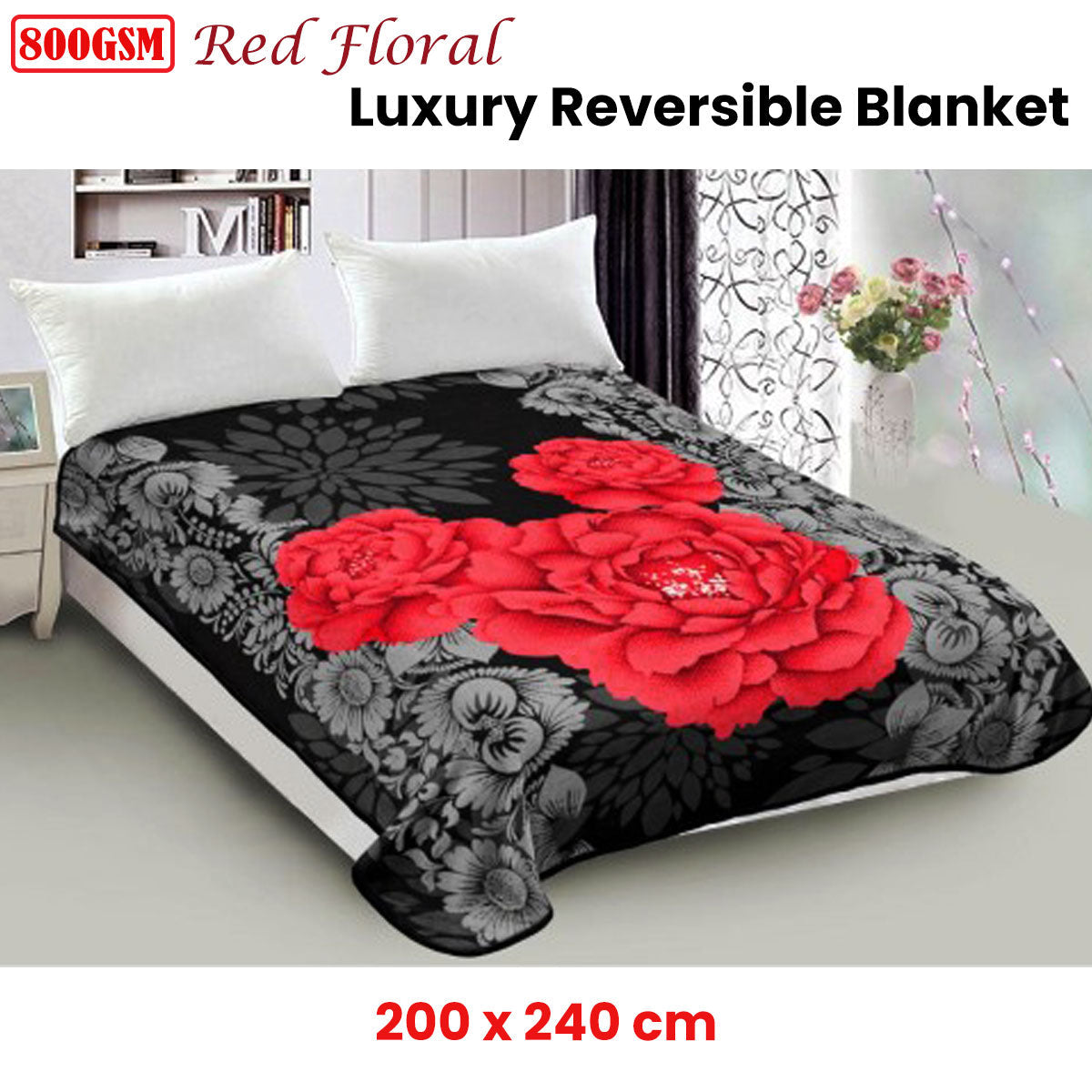 800Gsm Luxury Reversible Mink Blanket Red Floral Queen 200 X 240 Cm