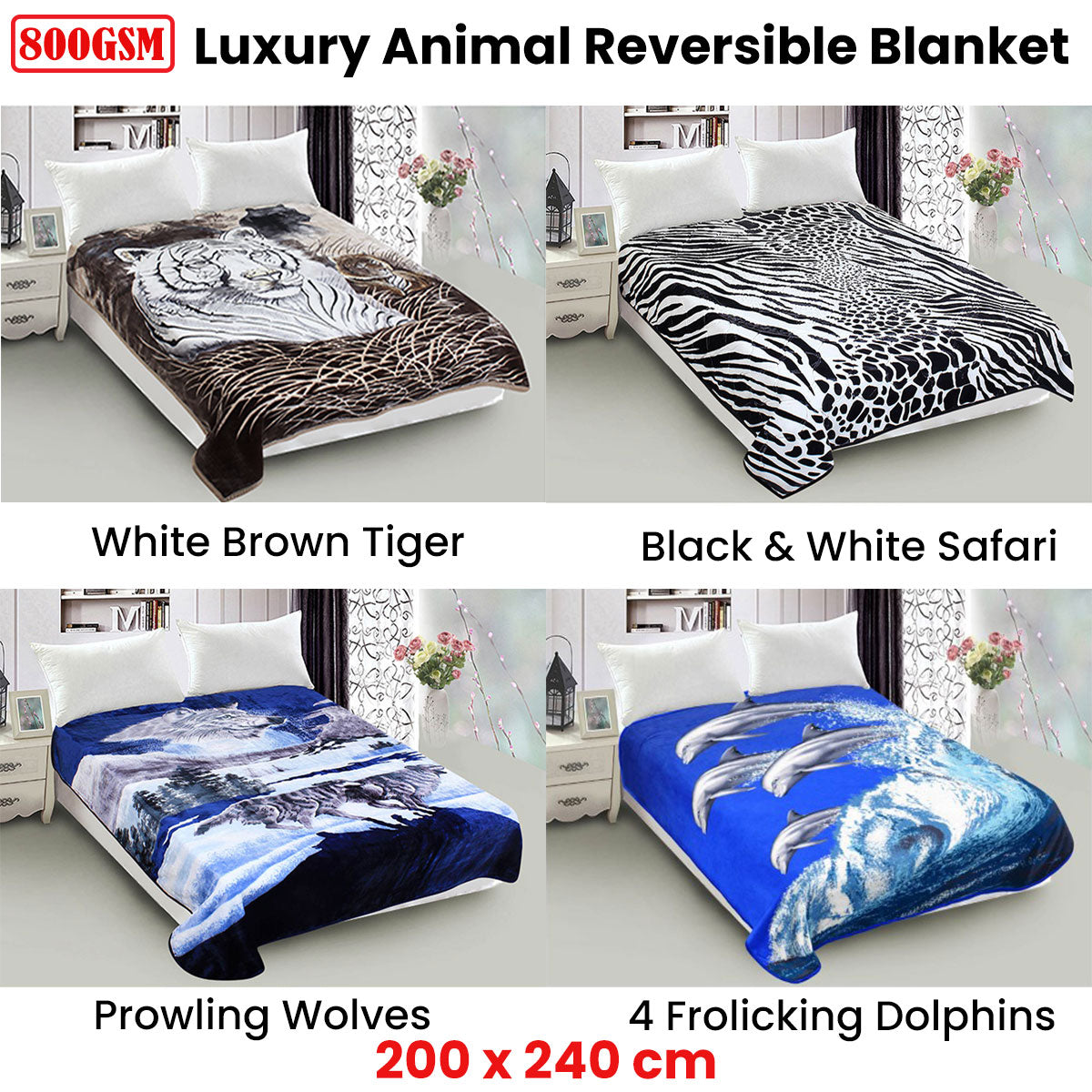 800Gsm Luxury Reversible Animal Mink Blanket Queen 200 X 240Cm Frolicking Dolphins