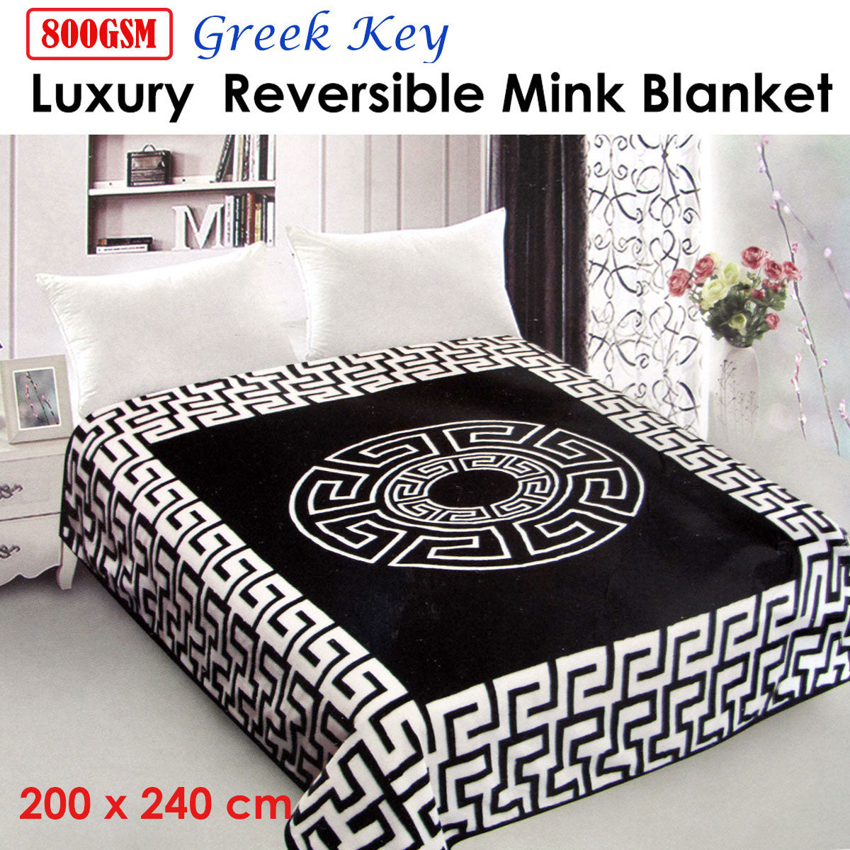 800Gsm Luxury Reversible Mink Blanket Greek Key Black Queen 200 X 240 Cm