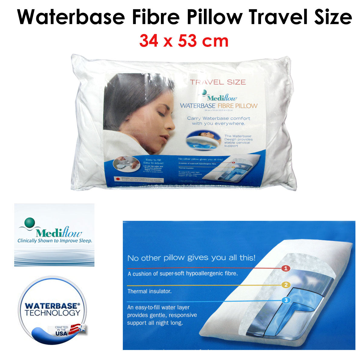 Mediflow Travel Size Waterbase Fibre Pillow 34 X 53 Cm