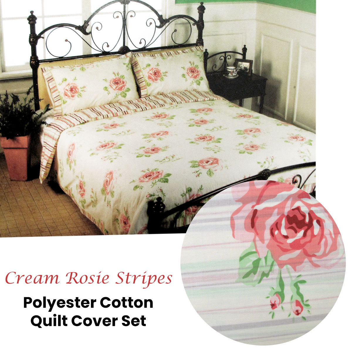 Cream Rosie Stripes Polyester Cotton Quilt Cover Set Queen