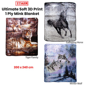 375Gsm 1 Ply 3D Print Faux Mink Blanket Queen 200X240 Cm Tiger Family