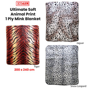 375Gsm 1 Ply Animal Print Faux Mink Blanket Queen 200X240 Cm Snow Leopard