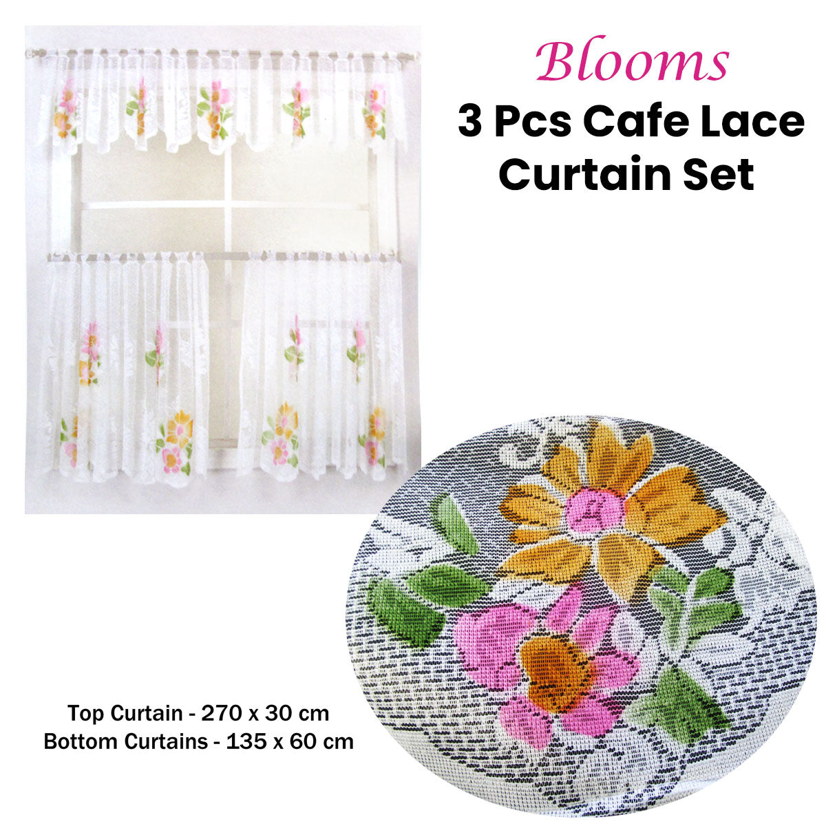 Assorted Brands 3 Pce Cafe Blooms Lace Kitchen Curtain Set