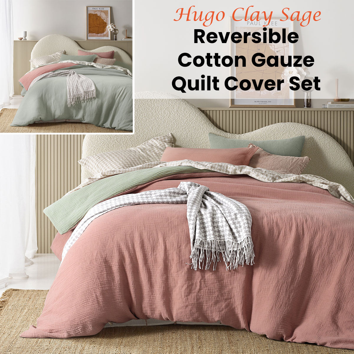 Vintage Design Homewares Hugo Reversible Clay Sage Cotton Gauze Quilt Cover Set