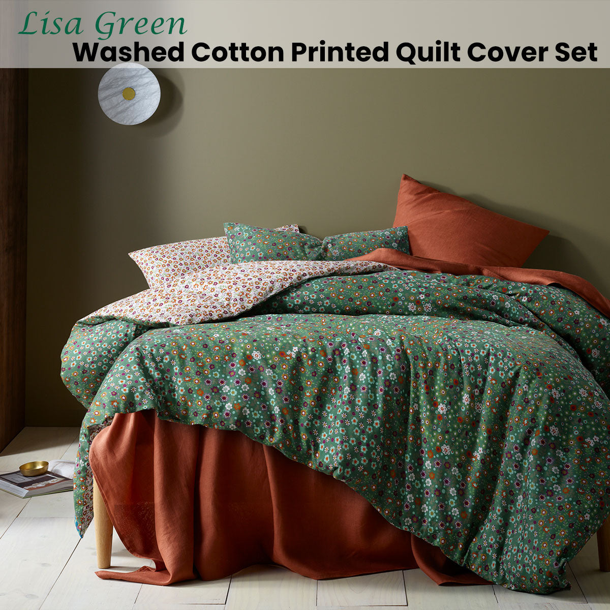 Accessorize Lisa Green Washed Cotton Printed Quilt Cover Set