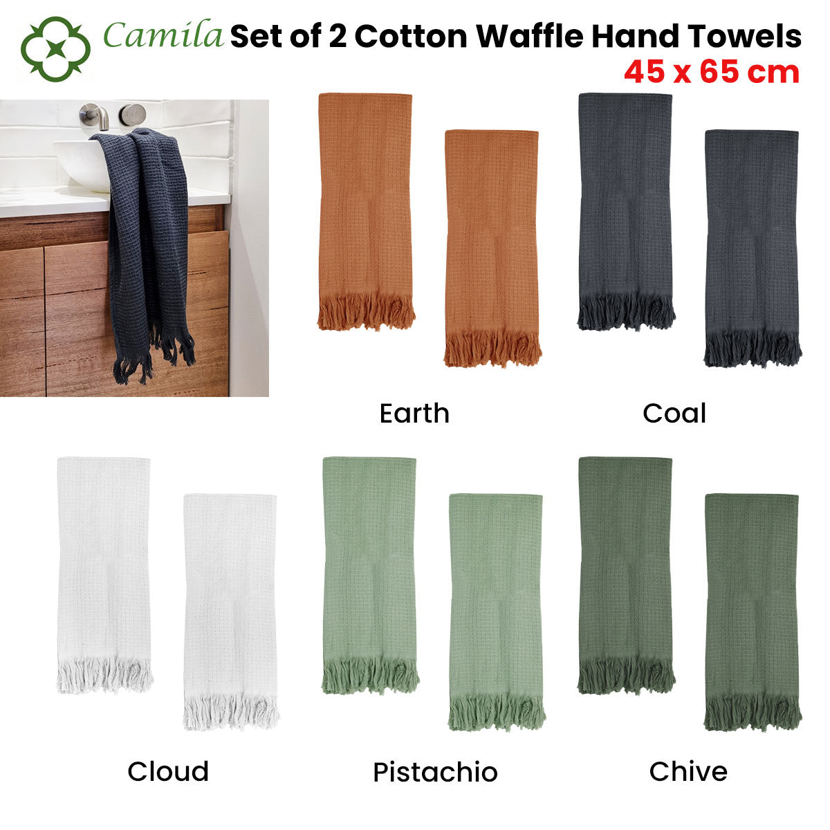 J Elliot Home 400Gsm Camila Set Of 2 Cotton Waffle Hand Towels 45 X 65 Cm Coal