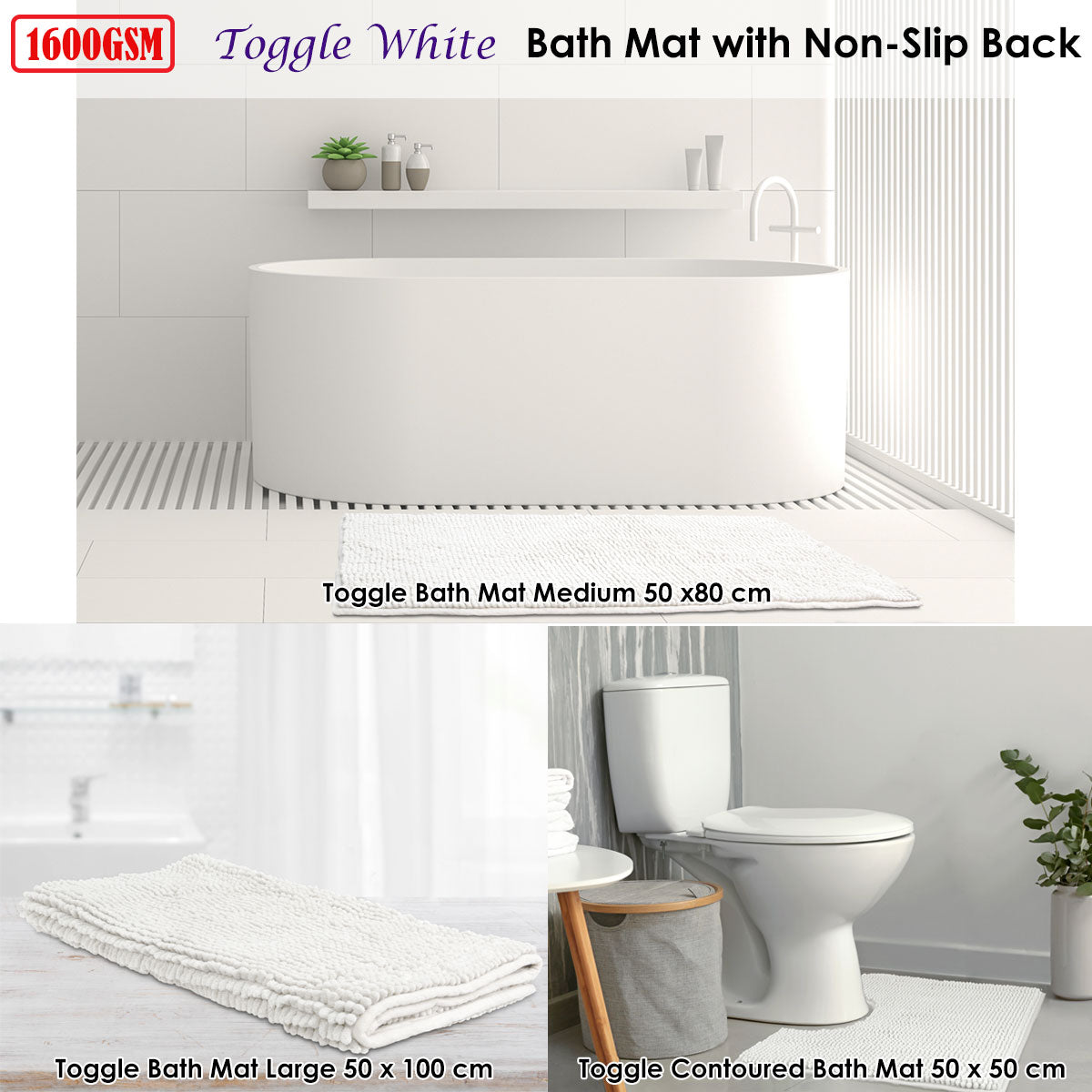 Toggle Microfiber Bath Mat Contourned White