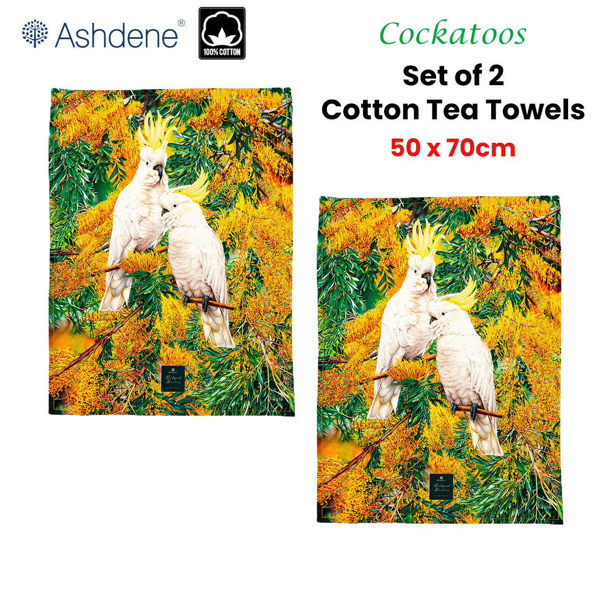 Set Of 2 Backyard Beauties Kitchen Tea Towels Cockatoos 50 X 70 Cm