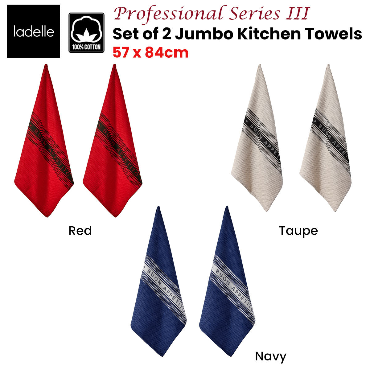 Ladelle Set Of 2 Professional Series Iii Jumbo Cotton Kitchen Towels 57 X 84 Cm Taupe