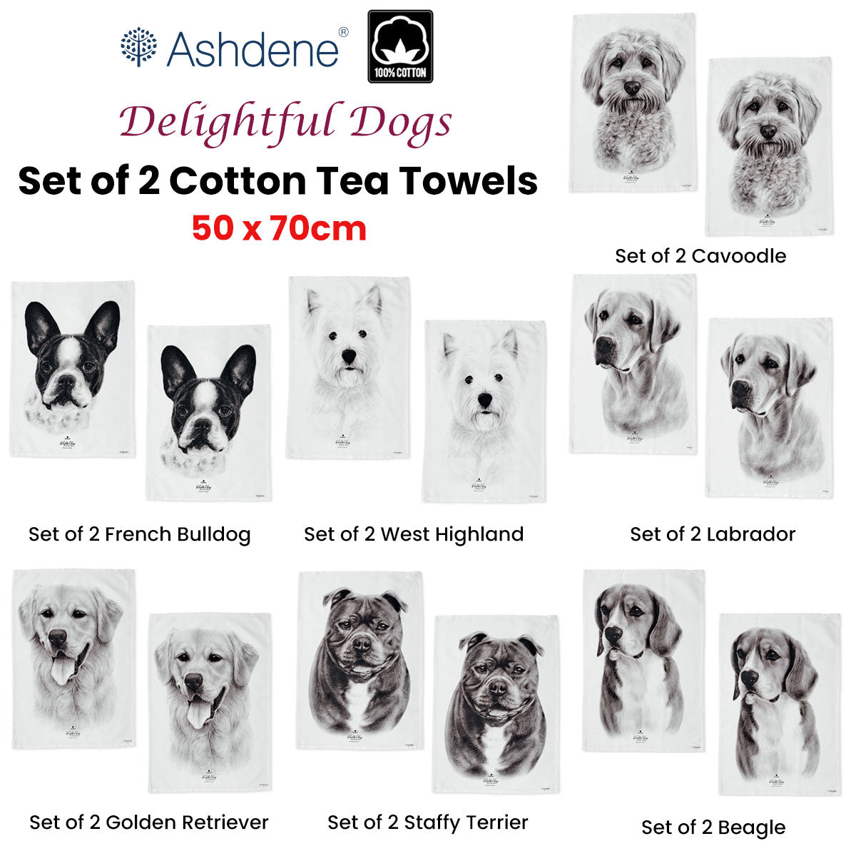 Set Of 2 Delightful Dogs Cotton Kitchen Tea Towels 50 X 70 Cm Staffy Terrier