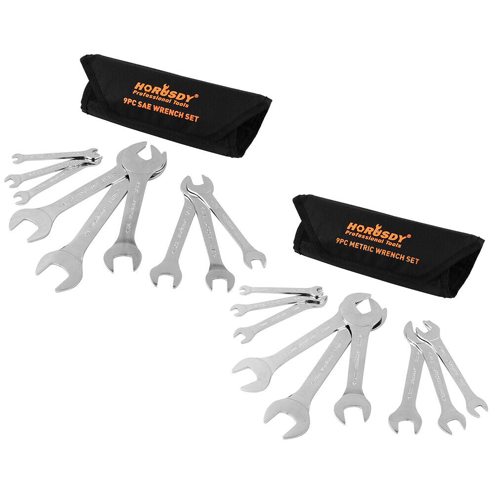 Horusdy Super Thin 18Pc Wrench Set Open End Spanner 3Mm Crv Metric & Sae Pouch